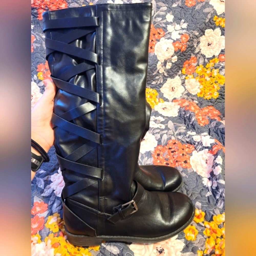 Just Fab zip up black boots with strap details, size 8.5 women's